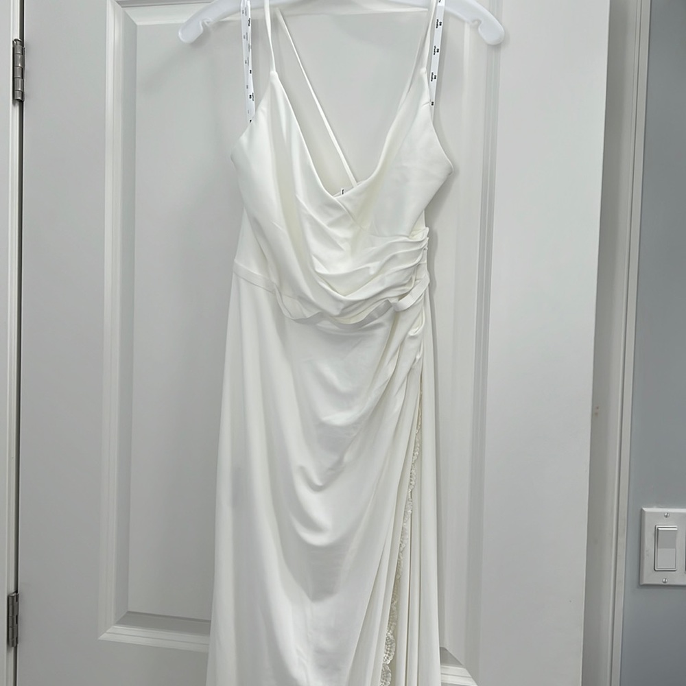David's Bridal White Satin Cowl-Neck Wedding Dress